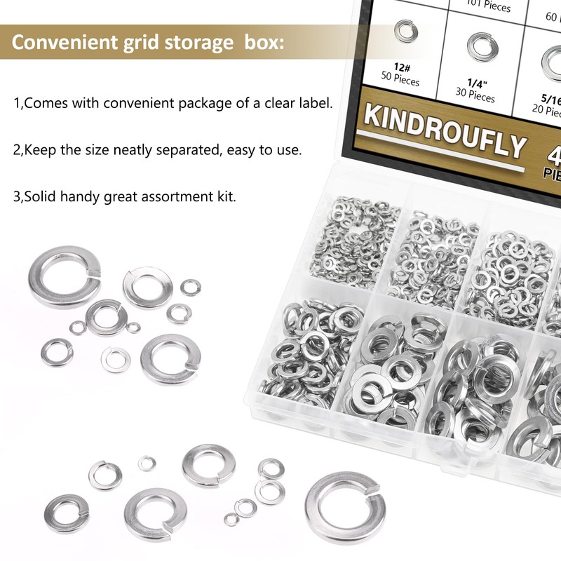 Kindroufly 487 Pieces 10 Sizes Stainless Steel Split Lock Washers,