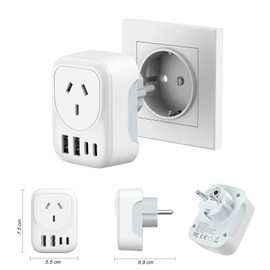 RXSQUL AU to EU Travel Adapter, Australia to European Travel Plug Adaptor, Europe Ground Outlet with Type E/F Plug and 4xUSB for AUS to Bali Germany Spain France Greece Netherlands Turkey