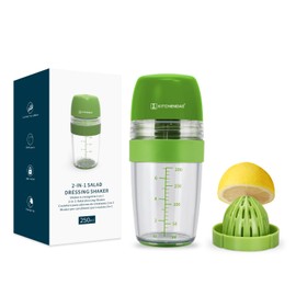 KITCHENDAO 2 in 1 Salad Dressing Shaker Bottle with Juicer, Pour Spout, Leakproof, Soft Grip, Dishwasher Safe, BPA Free Travel Homemade Oil and Vinegar Salad Dressing Container Mixer Dispenser, 1 Cup