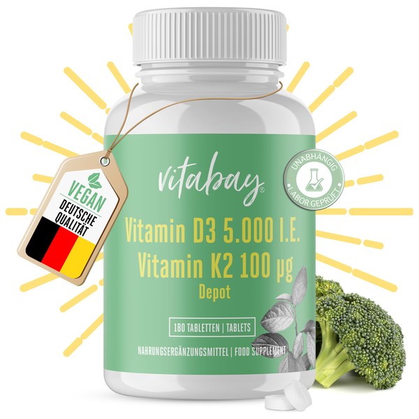 Vitabay Vitamin D3 5000 IU + K2 100 mcg Depot | Premium: 99.99% All Trans | High Dose & Organic Available | 180 Vegan Tablets | Laboratory Tested & Made from High-Quality Raw Materials
