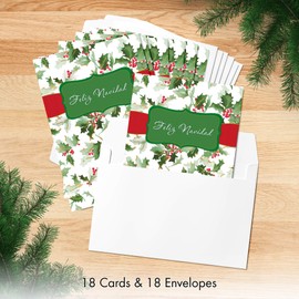 Designer Greetings Spanish Boxed Christmas Cards, Hojas Navidena, Christmas Holly (Box of 18 Gold Foil Embossed Cards with Envelopes)