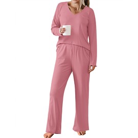 Ekouaer Womens Ribbed Knit Pajamas Set V Neck Long Sleeve Pj Set 2 Piece Matching Outfits Top and Pant Loungewear Casual Sleepwear Grey Purple XXL