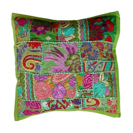 Rastogi Handicrafts Handmade Patchwork Cushion Pillow, Sari Patch Throw Pillow Indian Ethnic Pillow Covers Embroidered Sari Patchwork Cushion Cover (LIGHT GREEN)