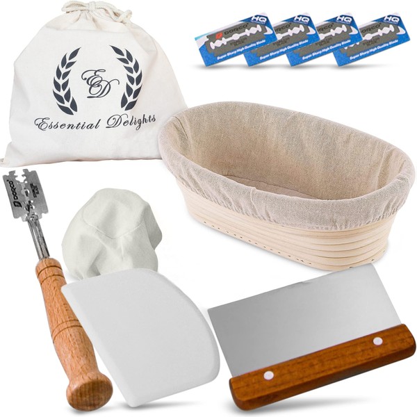 10 Inch Oval Bread Banneton Proofing Basket Set Includes: Decorative Bread Bag + Scoring Lame + Metal Dough Scraper + Flexible Plastic Bowl Scraper + Free Ebook