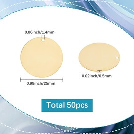 SUNNYCLUE 1 Box 50Pcs Round Gold Tags Brass Engraving Blank 25mm Metal Flat Circle Disc Necklace Charm Stamping Blanks Tag with Hole for Engraved Jewelry Making Pets Plants Door DIY Crafts Findings