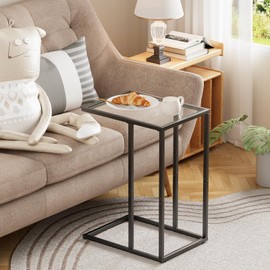 C Shaped End Table, Couch Side Tables for Living Room, Small Glass End Table with Metal Frame, Modern Snack Table for Bedroom, Small Space, Easy Assembly, Black, 23.62 x 15.75 x 11.81