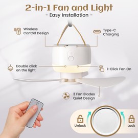 Boeetech Tent Ceiling Fans for Camping, Portable Camping Fan with LED Lantern, Battery Operated Ceiling Fan, Tent Rechargeable Fan with Remote Control, Detachable Fan Blades (3600)