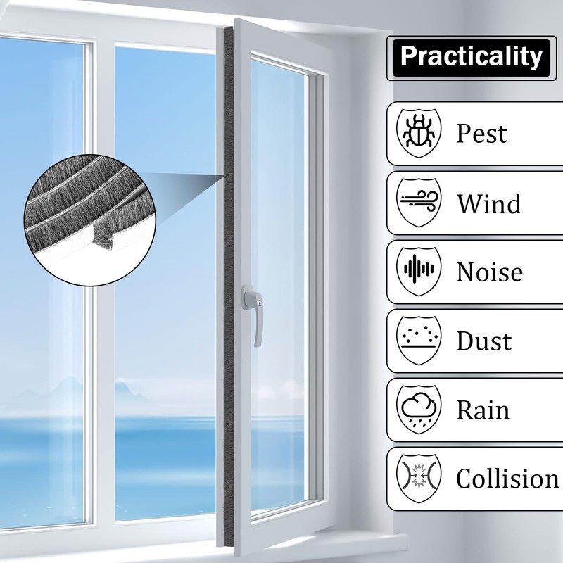 33Ft Brush Weather Stripping Strong Adhesive Door Seal Strip Soundproofing