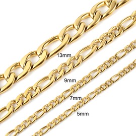 HZMAN 7mm Men Women 24K Real Gold Plated Figaro Chain Stainless Steel Chain Necklace Jewelry Gift 16"-30" (Gold,22in)