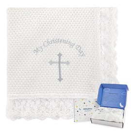 Pinuotu Baby Baptism Blanket – 100% Cotton Knit Christening Blanket with Lace Trim & Embroidered Cross, 40"x40" Soft White Receiving Blanket with Gift Box for Boys Girls Newborn