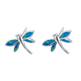 Tiny Dragonfly Stud Earrings 925 Sterling Silver Post Pin Created Opal Small Cartilage Earring Statement Studs Fashion Jewelry Gift for Women Teen Girls Sensitive Ears (Blue Opal)