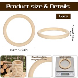 4inch/100mm Wooden Rings for Crafts, 6 PCS Unfinished Natural Wood Ring Set Wooden Rings for Macrame Ring for Pendant and Connectors Jewelry Making DIY Craft Supplies