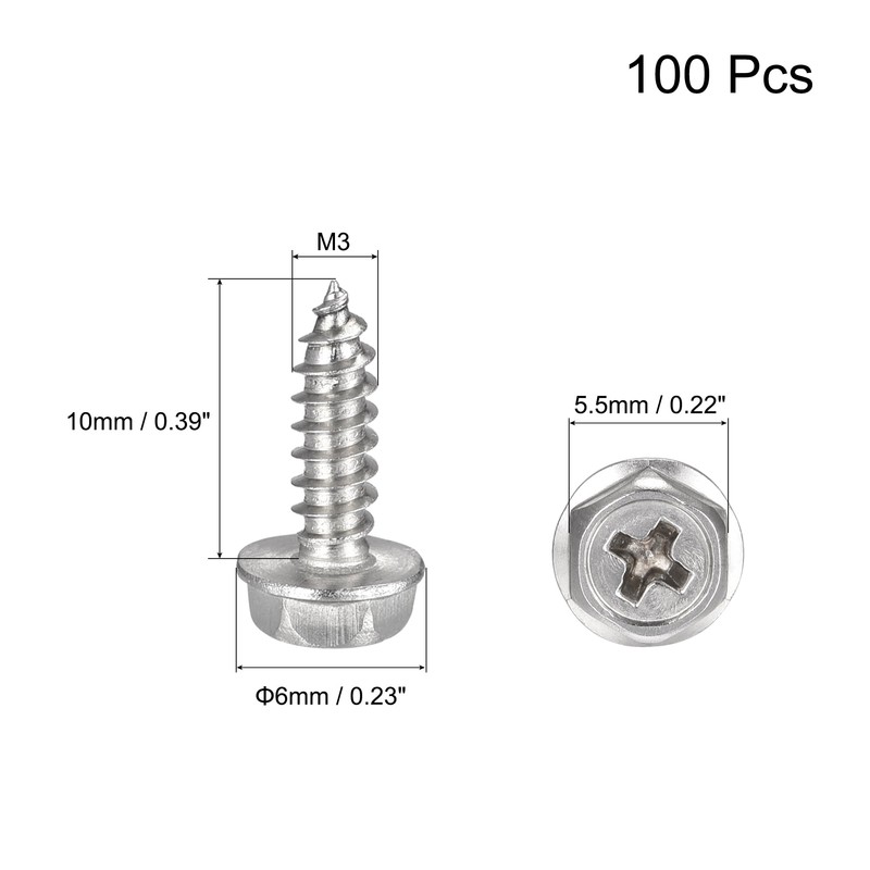 uxcell Phillips Hex Washer Self Tapping Screws, M3 x 10mm