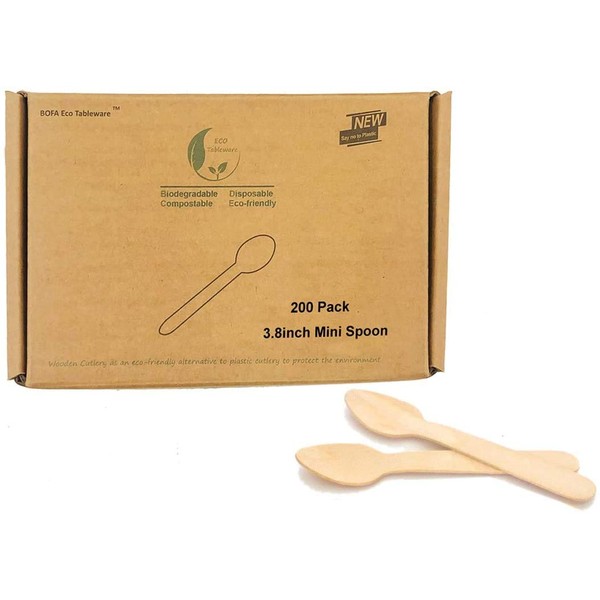 95mm Mini Wooden Ice Cream Spoons, 200 Pieces Disposable 100% Biodegradable Compostable Dessert Utensils for Party