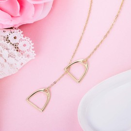 EleQueen Gold Double Horse Stirrup Lariat Necklace Y Style Layered Horseshoe Pendant Embrace Horse Necklace Horse Gifts for Women