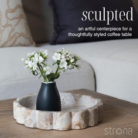 Beige Scalloped Marble Tray - 8 Inch Round Stone Vanity Tray for Perfume & Jewelry, Marble Dish for Bathroom Countertop & Kitchen Counter, Brown Decorative Tray for Bathroom & Kitchen, Modern Catchall