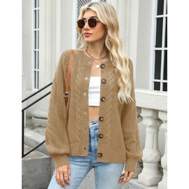 Rapbin Women's Chunky Knit Open Front Cardigan Long Sleeve Button Loose Fall Sweater Coats (Khaki S)