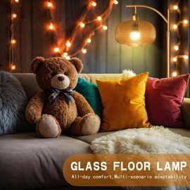 Duoled Glass Floor Lamp for Living Room with Amber Glass Lampshade, Dimmable Modern Standing Lamp with 12W LED Bulb, Remote Control Tall Lamp for Bedroom