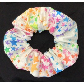 Handmade Multi Color Stars with Silver Sparkles Cotton Scrunchie Hair Tie - 6 inches wide