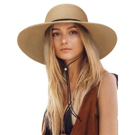 Sun Hats for Women, Oversize Wide Brim Straw Hat for Summer Travel Beach Foldable UV Protection with Wind Lanyard UPF 50+ Khaki
