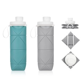 HEEDU Paquete de 2 Botella de Agua Plegable con Válvula a Prueba de Fugas, Botella de Silicona Plegable, Reutilizable, Botella Flexible sin BPA para Gimnasio, Correr, Ciclismo, Acampar (Verde+Gris)