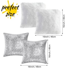 Sequin Fluffy Cushion Cases - 4 Pieces Square Faux Fur Throw Pillow Covers 16x16 Inches Glitter Christmas Decorations Pillowcases Soft Fuzzy Cushion Covers for Couch Bed Sofa Living Room (Silver)