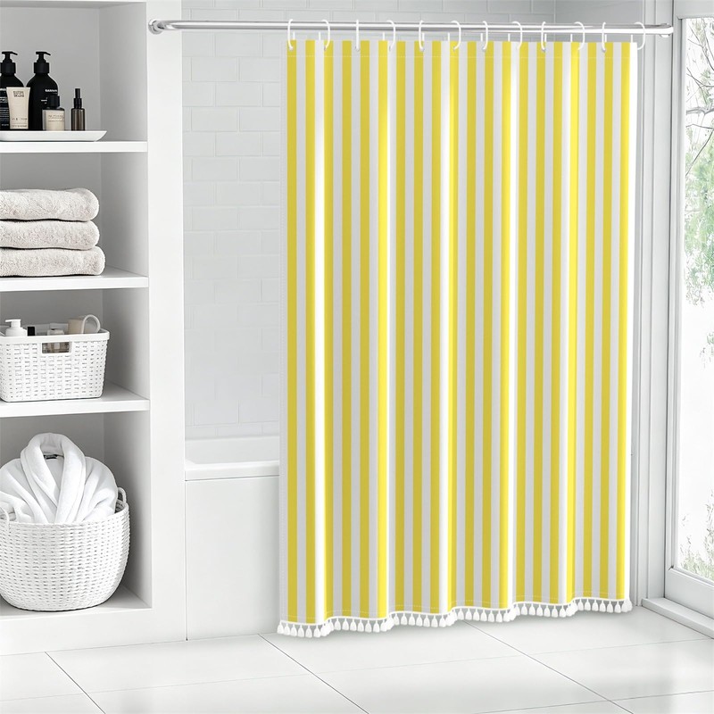 Yellow and White Stripd Shower Curtains for Bathroom Vertical Line