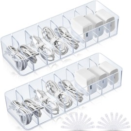Tatuo 1 Pcs Cable Organizer Box with Wire Ties Cord Storage Charger Organizer Box Plastic Electronics Organizer with 8 Removable Divider Cable Storage Box for Office Home Desk Box Accessories (Clear)