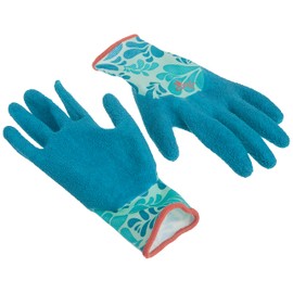 Digz Long Cuff Stretch Knit Garden Gloves with Full Finger Latex Coating | Color: Blue Leaves Pattern | Size: Small