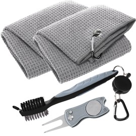 Aulock - Juego de toallas y cepillos de golf, toallas de microfibra para bolsas de golf, kit de limpieza de palos de golf con marcador de bola, cepillo para polvo de herramientas de golf para hombres,