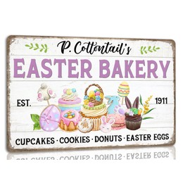 P.Cottontail Easter Bakery Metal Tin Sign Retro Bunny Easter Decor Sign for Cafes Home Farmhouse Easter Accessories Vintage Wall Decoration Signs 8x12 Inch