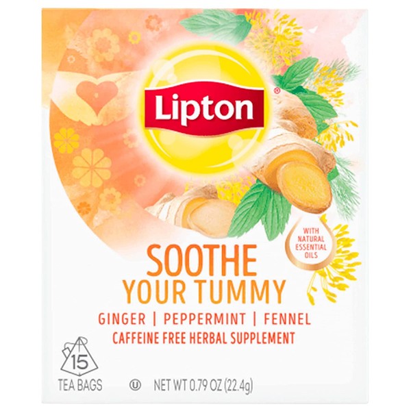 Lipton Tea Bags, Herbal Tea Supplement, Soothe Your Tummy, Ginger, Peppermint, Fennel, 15 Tea Bags