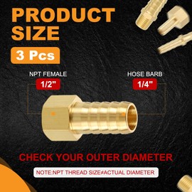 HARFINGTON 3pcs 1/2" to 1/4" NPT Female Brass Hose Barb Fitting Metals Splicer Mender for 3D Printing, Air Compressor, CNC Machine, Dies