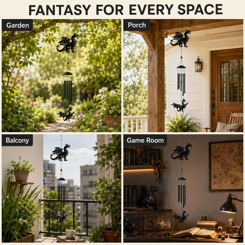 41" Large Dragon Wind Chime with Moving Spring Wings, Windchime