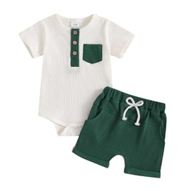 Geagodelia Infant Baby Boy Girl Summer Outfits Short Sleeve Contrast Color Romper Jumpsuit Bodysuit and Solid Color Shorts Sets 2Pcs Tracksuit Clothes for Baby Boy (Green, 6-12 Months)