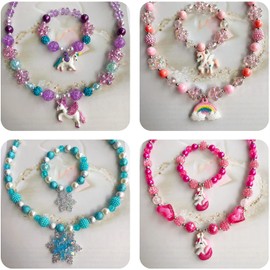 EleMirsa 4 Sets Girl Unicorn Necklace Bracelet Set Little Girl Princess Party Favor Dress up Necklace Jewelry Gift for Toddlers Kids Jewel Set Gift Box