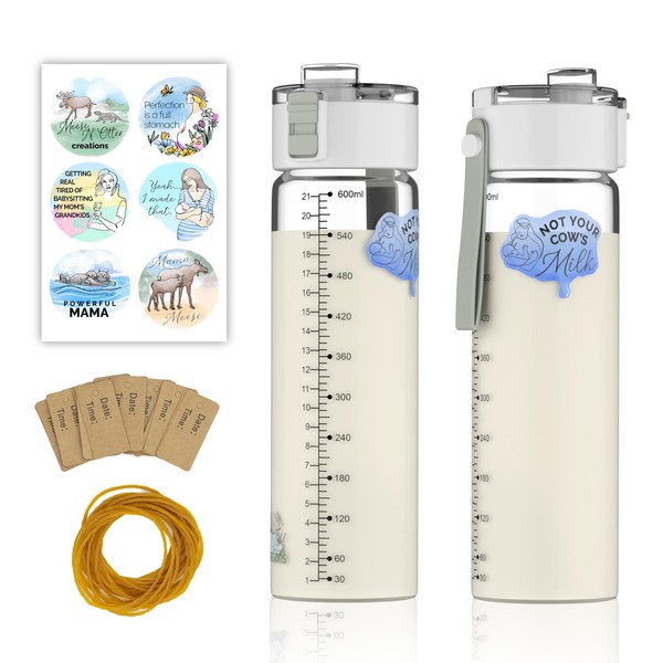 Moose N' Otter Creations Glass Breast Milk Pitcher for Fridge (2 Pack, 21 Oz) Not Your Cow's Milk Pop-Top Breastmilk Storage Bottles w/Expiration Tags & 12 Stickers- Breast Milk Storage Containers