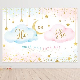 Newsely He Or She Gender Reveal Backdrop 7Wx5H Boy or Girl Pink Cloud What Will Baby Be Background Gold Stars Moon Cute Lovely Newborn Party Decorations Banner Photo Booth Props Birthday Supplies