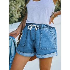 GOLDPKF Ladies Shorts Denim Shorts for Women Linen Cotton High Waist Jeans Shorts Women Summer Drawstring Cargo Hot Pants Sky Blue UK Medium