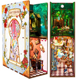 Book Nook Kit Alice in Wonderland Book Nook Kits for Adults, DIY Dollhouse Booknook Miniature Kit Bookshelf Insert Decorative Bookend Model Kits with LED Light/Human Sensor