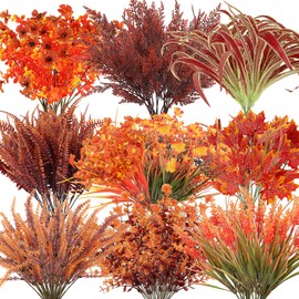 19 Bundles 10 Styles Artificial Fall Flowers Plants for Outdoors Fall Decor, Fake Faux Flower Autumn UV Resistant Boxwood Orange Mums Maple Leaves Wheat Fern for Thanksgiving Porch Window Box Planter