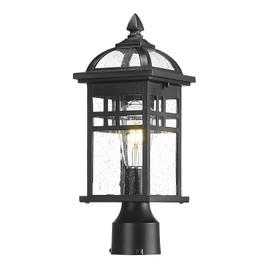 Emliviar 16 Inch Outdoor Lamp Post Light Fixture, Modern Outdoor Pillar Light for Outside, Waterproof Aluminum in Black Finish Seeded Glass, DE281P BK