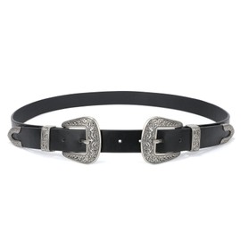 Women Leather Belt Ladies Vintage Western Double Buckle Design Black Waist Belt for Pants Jeans Dresses(D-Black(silver buckle))