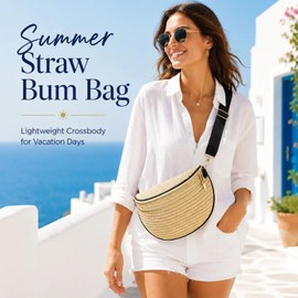BBORGDC Summer Straw Bum Bag for Women, Woven Crossbody Fanny Pack with Adjustable Strap, Lightweight Vacation Waist Bag