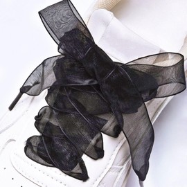 Booyckiy 2 Pair Flat Snow Yarn Shoe laces for Sneaker 2cm Wide Satin Ribbon ShoeLaces for Women Girls, Black 47inch(120cm)