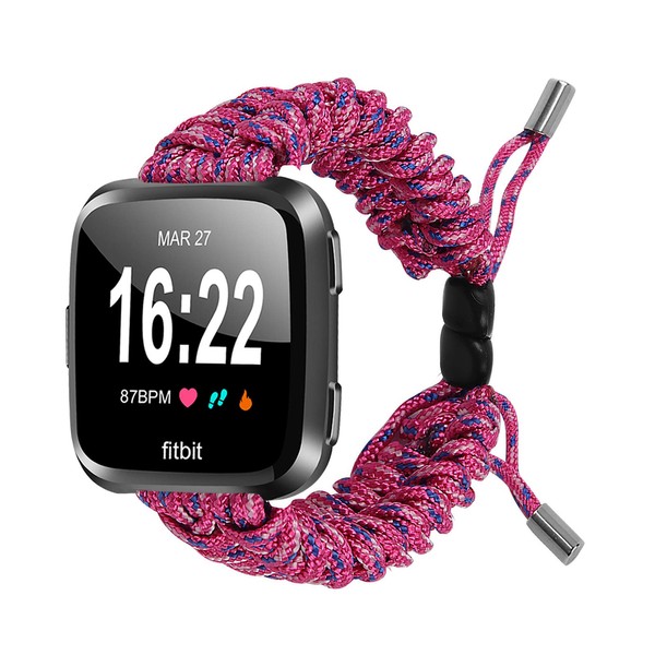 FitTurn Compatible with Fitbit Versa 2 Bands Women Men, Woven Nylon Friendship Rope Outdoor Survival Weave Adjustable Replacement Straps Wristbands Accessories for Versa Lite,Versa 2,SE (Rose&Blue)