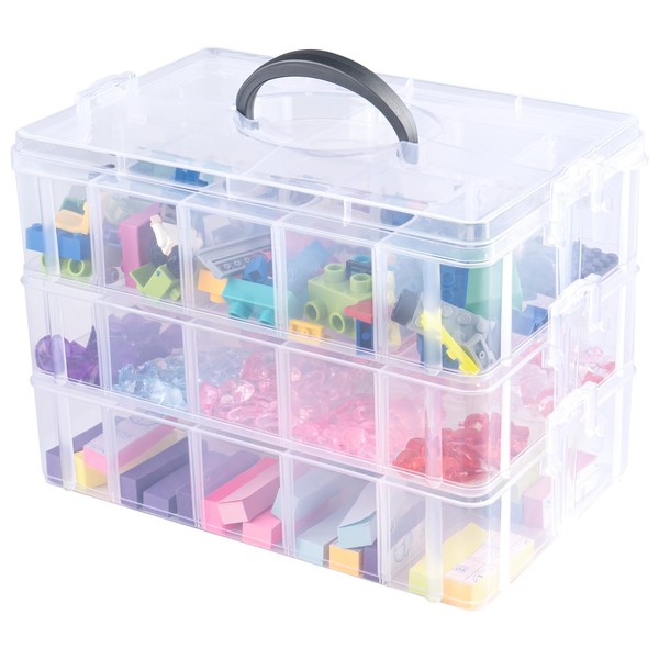 Anstore Stackable Storage Box with Compartments, Reinforced 3-Level Clear Plastic Storage Box with Lid, Practical Sorting Box for Crafts, Jewellery, Toys, Building Blocks, Sewing Accessories