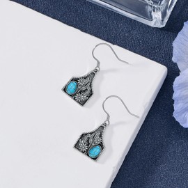 BETHZA Turquoise Cow Tag Earring 925 Sterling Silver Real Oval Turquoise Cactus Cattle Tag Earrings Western Jewelry for Women Cowgirl