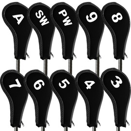 Golf Club Iron Head Covers Neoprene Long Cover with Zipper 10 12 Pack Set 3 4 5 6 7 8 9 PW SW LW A Large Printing Number,Black Blue Red Color for Golf Clubs(Black-10 Pack)