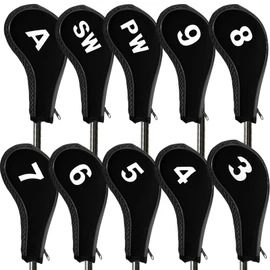 Golf Club Iron Head Covers Neoprene Long Cover with Zipper 10 12 Pack Set 3 4 5 6 7 8 9 PW SW LW A Large Printing Number,Black Blue Red Color for Golf Clubs(Black-10 Pack)